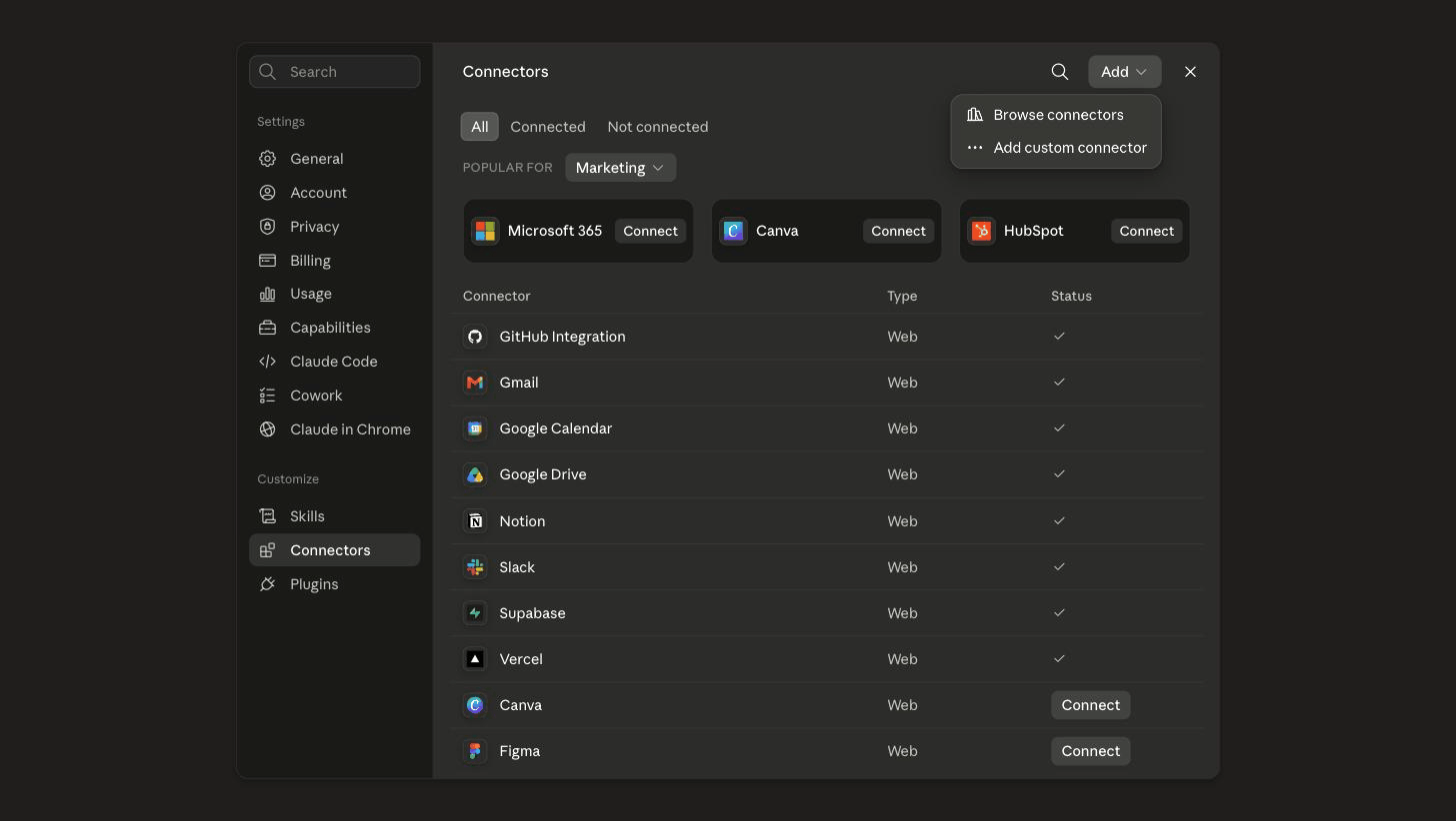 claude.aiの設定画面のConnectorsタブ。右上のAddボタンからBrowse connectorsメニューを開いた状態